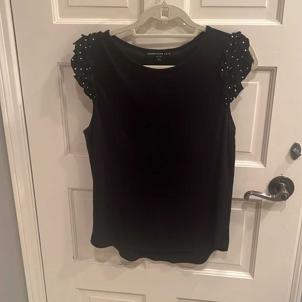 Generation Love black cap sleeve sweater with pearl ruffle